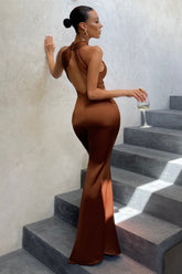 Rust Satin Cross Over Halter Neck Maxi Dress